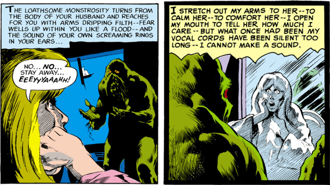 Linda's reaction to Swamp Thing's mute gestures - House of Secrets #92, DC Comics