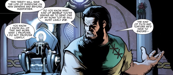 Metron proposes his treaty to Highfather - Justice League #40, DC Comics